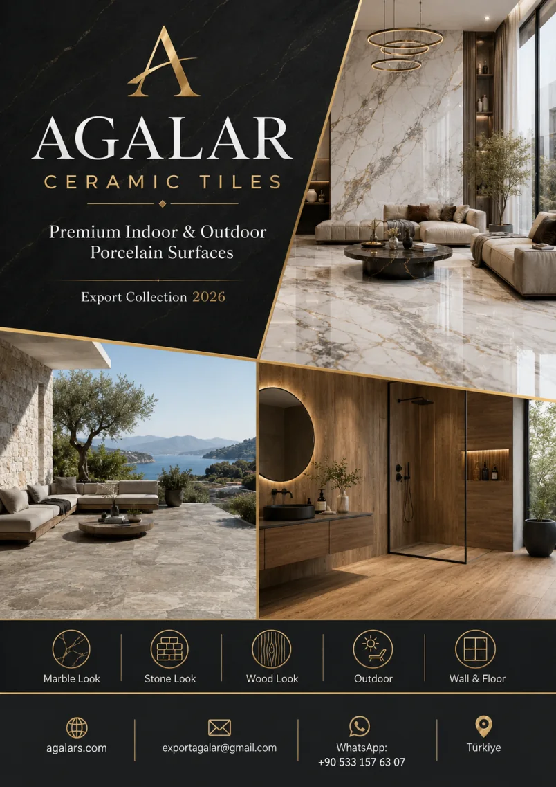 AGALAR Ceramic Tiles catalog cover with indoor and outdoor porcelain surfaces